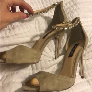 Suede tan open toe with rhinestones